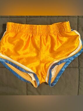 Kids Vintage Bright Yellow Athletic Shorts with Blue Trim